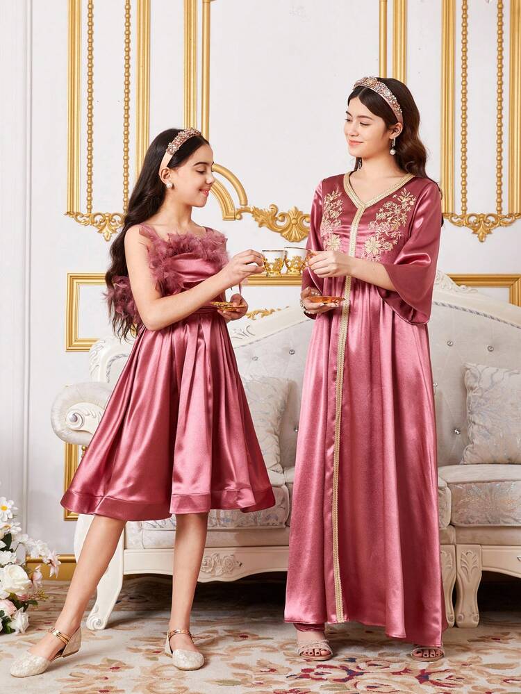 Tween Girls' Elegant Satin Feather Decor Sleeveless Dress