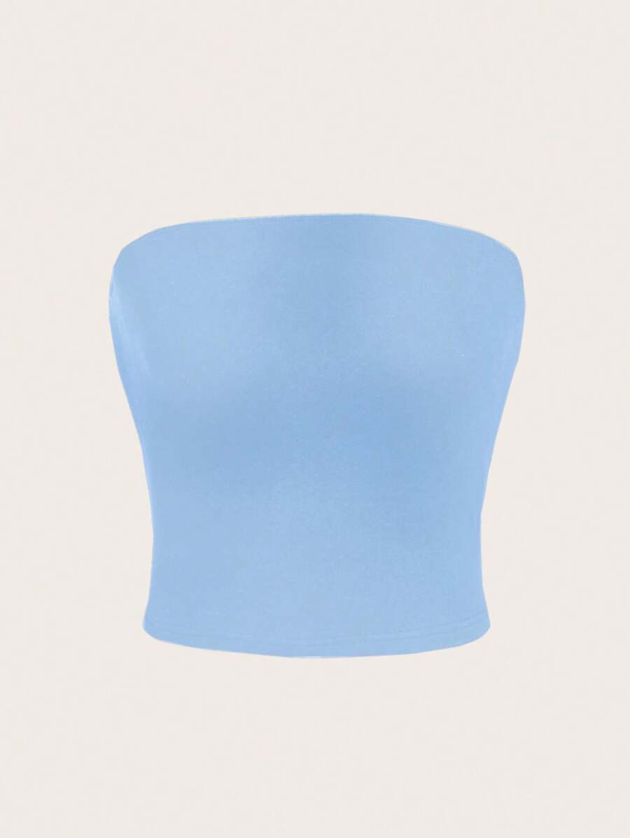 SHEIN EZwear 夏季假期女式無肩帶簡約修身上衣 - 淺藍色 - 查看 1