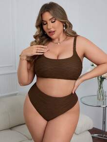 SHEIN Swim Curve 大码纯色纹理比基尼套装 适合夏季海滩 - 棕色 - 查看 4