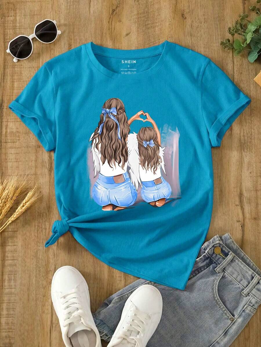 Women's Casual Short Sleeve T-Shirt With Cartoon Printed Design Graphic Tees Women Tops - Blue - View 1