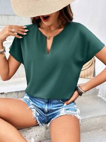 SHEIN Frenchy 純色斜角領短袖襯衫 - 墨綠色 - 查看 6