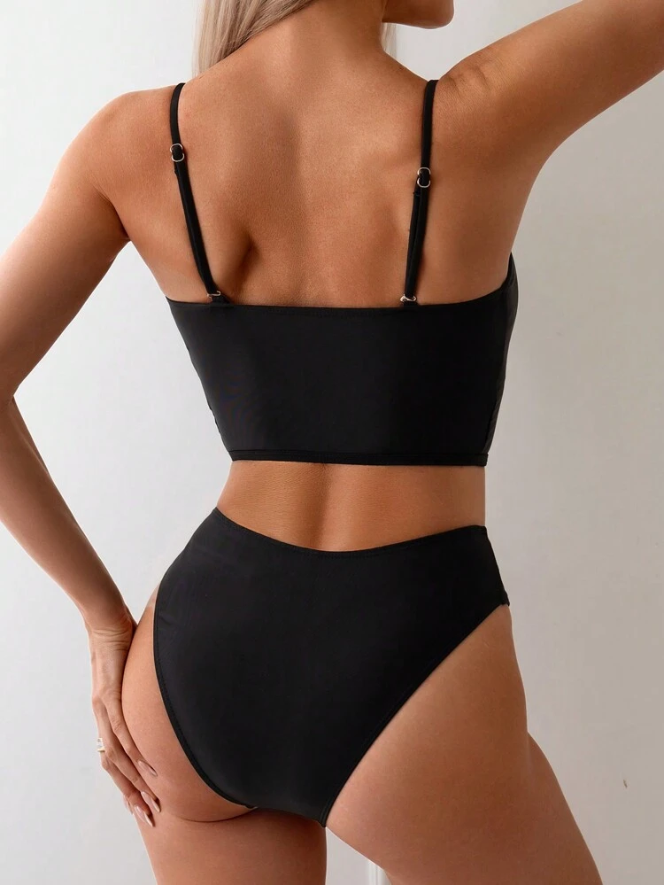 Summer Beach Color Block Neon Lace Up Cami Tankini Set Bathing Suit