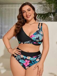 SHEIN Swim Curve 大码女式热带植物印花比基尼套装，双肩带两件套比基尼套装泳装泳衣沙滩装夏季度假夏日海滩 - 彩色 - 查看 3