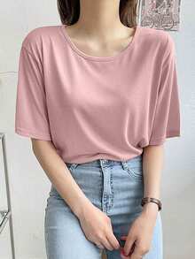 DAZY Của phụ nữ Màu thuần Vòng cổ Ngắn tay Áo thun - Hồng - Xem 6