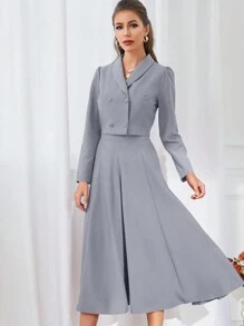 Modelyn Solid Color Shawl Collar Double Breasted Blouse And Skirt Suit 2 Pieces Set - Grey - View 4