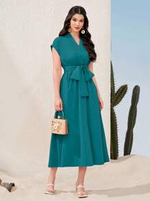 Mulvari Solid Color V-Neck Waist Drawstring Batwing Sleeve Dress