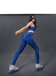 Innovista Bộ 2 món thể thao không đường may cho phụ nữ mùa hè/2 chiếc, Áo nâng ngực & Quần legging nâng mông, Bộ nữ, Bộ tập gym cho nữ, Bộ tập luyện - Màu xanh hải quân - Xem 2