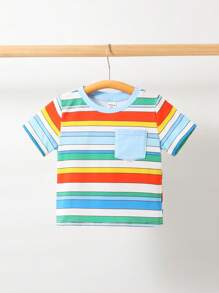 SHEIN Suéter De Cuello Redondo Para Bebé Con Bolsillo En El Parche Del Bloque De Color Con Rayas De Colores - Multicolor - Ver 2