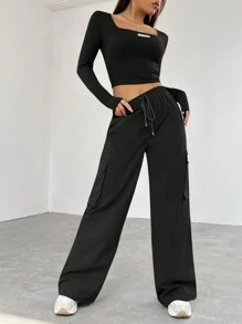 SHEIN EZwear Slim-fit T-shirt met patchwork, vierkante kraag en cargobroek
