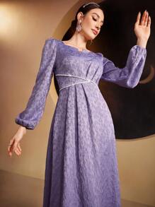 Modelyn Damen Jacquard Nagel Perlen verziertes Laternenkleider-Kleid, elegantes Abendkleid, lange Abendkleider - Violett - Übersicht 8