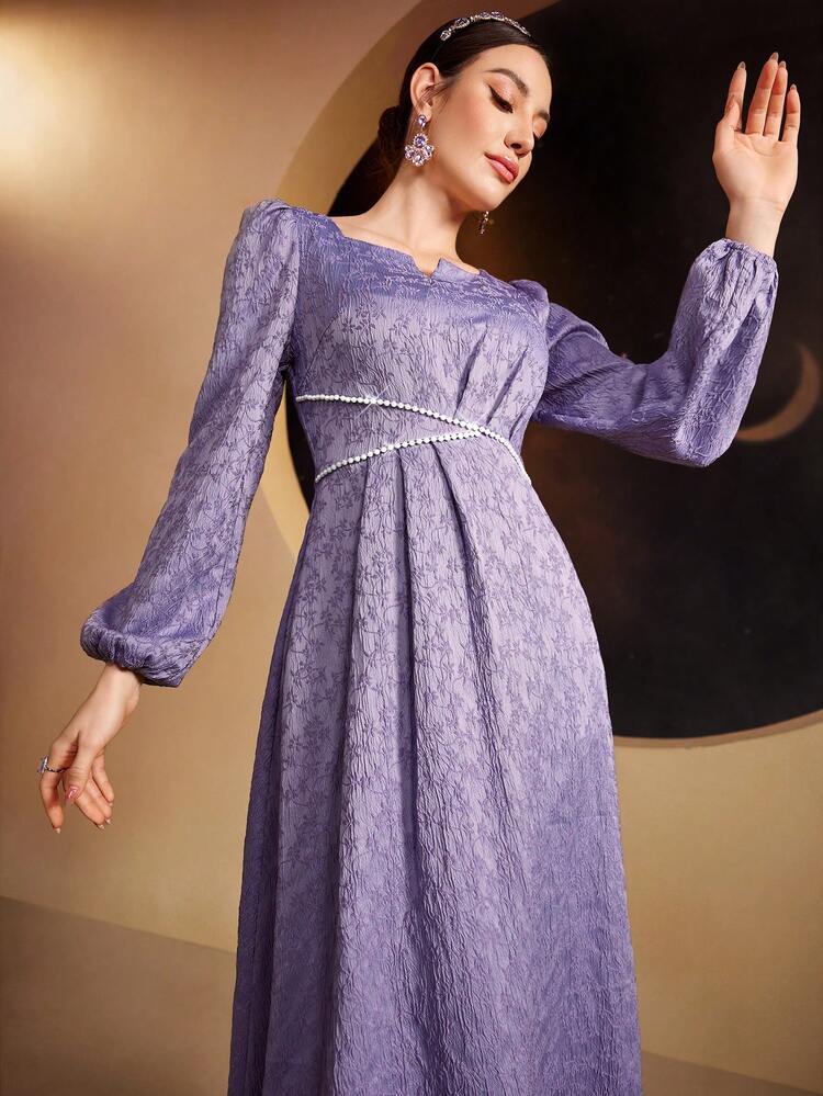 Ladies' Jacquard Nail Bead Decorated Lantern Sleeve Dress,Elegant Evening Party Dress Long Evening Dresses