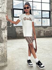 SHEIN Cô gái Tween Mát mẻ Phong cách đường phố Ngắn tay Knit ngọn Với In thư & Quần đùi dệt kim Với Họa tiết Hình học , Mùa xuân/Mùa hè - Nhiều màu - Xem 6