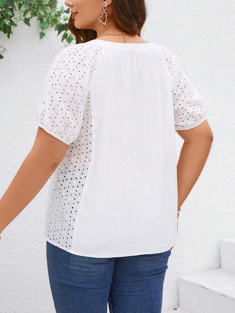 Plus Size Solid Color White Hollow Out Embroidery Splicing Shirt