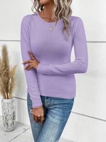 SHEIN LUNE Solid Color Round Neck Rib-Knit Sweater,Long Sleeve Tops - Mauve Purple - View 1