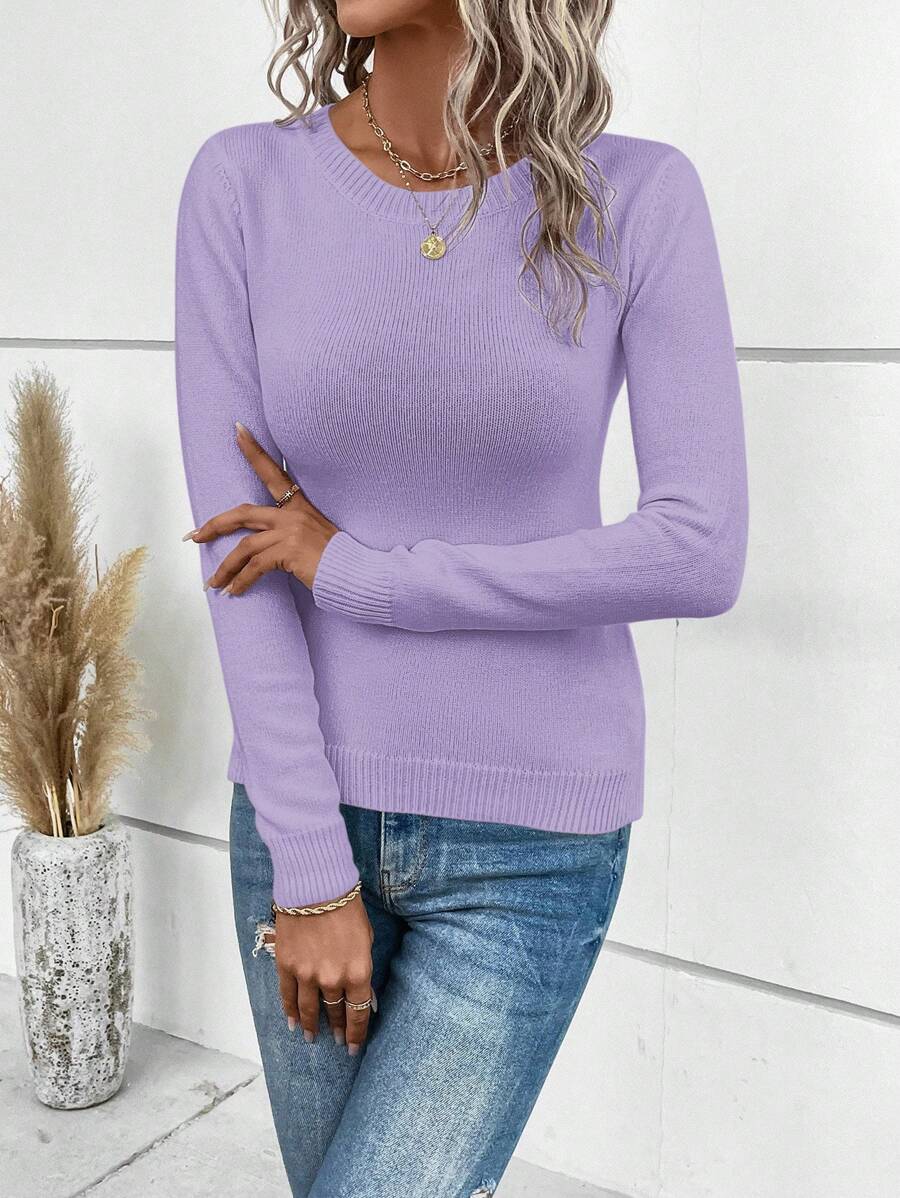 SHEIN LUNE Solid Color Round Neck Rib-Knit Sweater,Long Sleeve Tops - Mauve Purple - View 1
