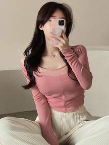 DAZY 女士實色長袖修身t恤 - 粉色 - 查看 2