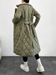SHEIN Cottnline Women's Solid Color Long -padded Jacket With Zipper Closure And Stand Collar - Lime Green - View 2