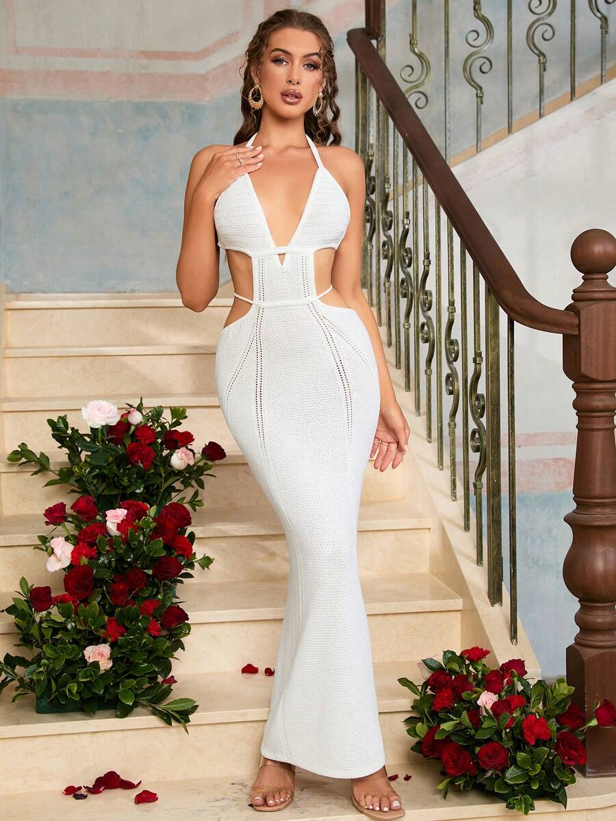 PARTHEA Cut Out Lace Up Backless Knitt Bodycon Dress - White - View 1