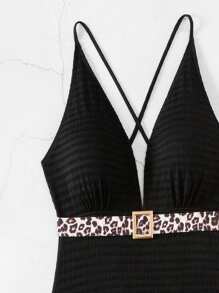 SHEIN Swim Đồ bơi liền thân họa tiết da báo cho nữ có thiết kế hở lưng và thắt eo mùa hè - màu đen - Xem 8