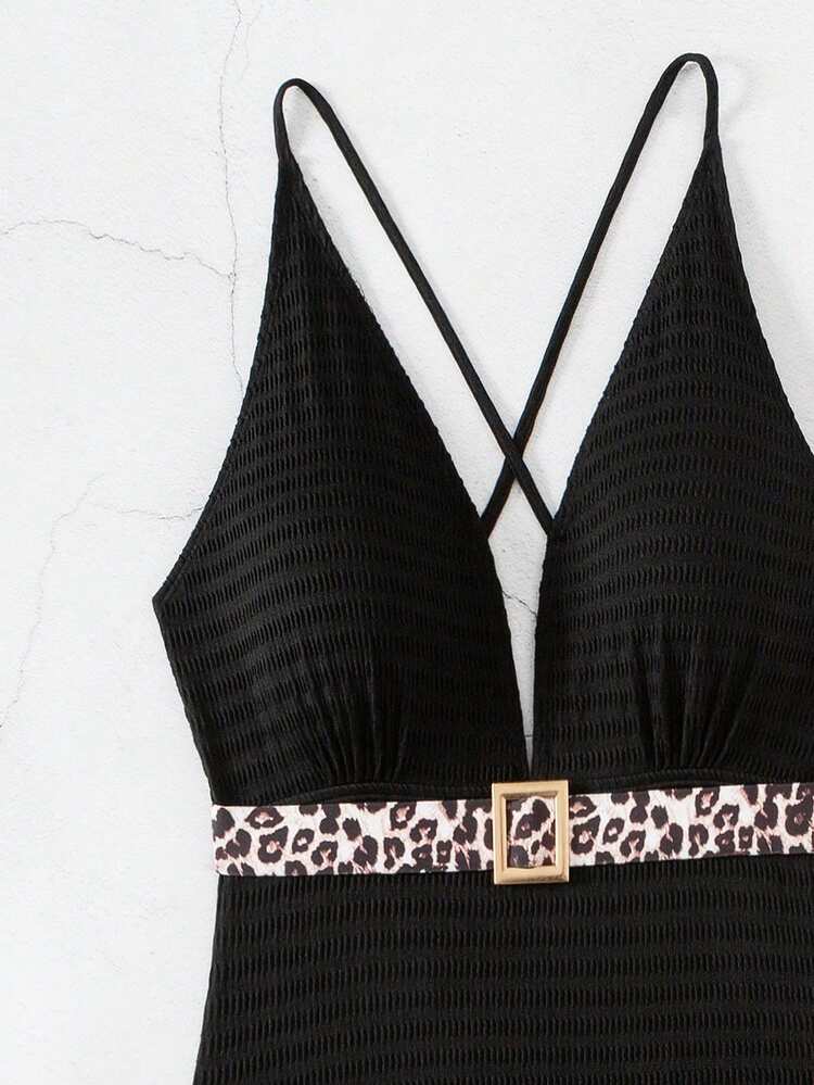 Women's Leopard Print One-Piece Swimsuit With Backless & Knotted Design Waistband Summer
