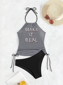 SHEIN Swim 女士字母条纹印花吊带背心套装 夏季 - 黑與白 - 查看 5