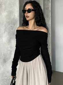 DAZY 露肩修身褶饰长袖T恤，秋季女装 - 黑色 - 查看 5