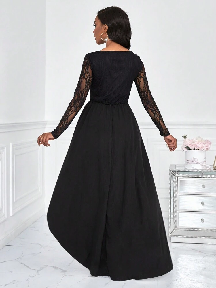 Women's Long Sleeve Lace Patchwork High-Low Hem Dress