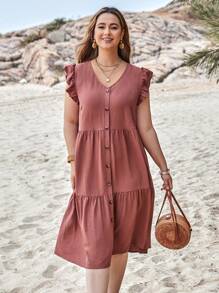 EMERY ROSE 大尺碼女士桔色v領荷葉邊裝飾沙灘女裝洋裝 - 酒紅色 - 查看 5