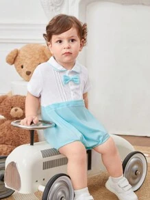 Baby Boy's Gentleman Style Short Sleeve 2 In 1 Bodysuit With Bowknot And Patchwork Design - Blue and White - View 1