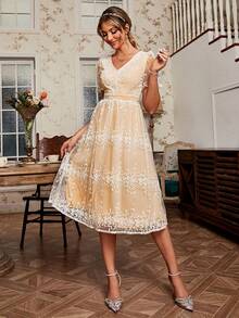 Simplee Vestido De Manga Corta De Malla Bordado Con Flores De Mujer - Blanco - Ver 5