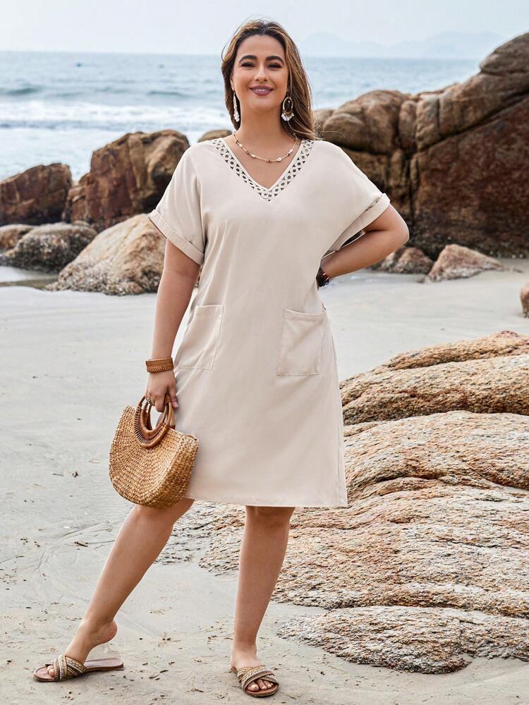 Plus Size Women's Solid Color Double Pocket Batwing Sleeve Linen Dress