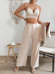 SHEIN LUNE Women's Solid Color Short Sleeve Shirt, Spaghetti Strap Tank Top And Pants Set - Khaki - View 4