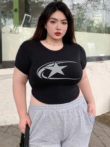 Dazy Plus Plus Size Slim Fit Star Pattern Round Neck Short Sleeve T-Shirt