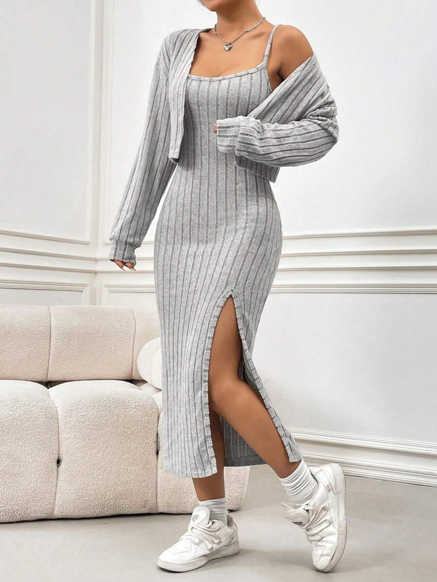 Flirla 2 Piezas/set Vestido Y Top De Punto Acanalado De Color Sólido, Atuendos Minimalistas Casuales - Gris - View 1