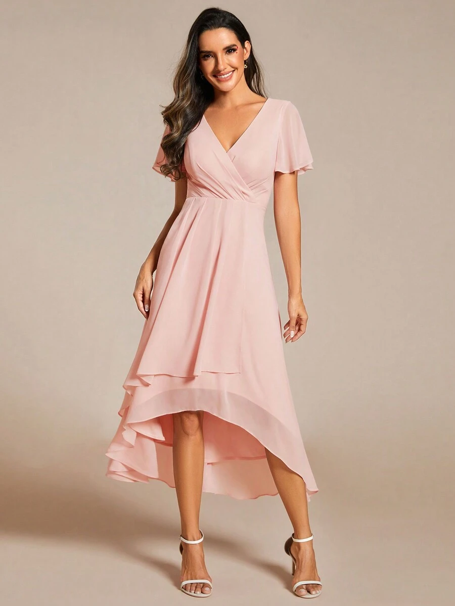 Elegant Chiffon Ruffle Hem Contrast Color High-Low A-Line Midi Chiffon Pink Bridesmaid Dress, Wedding Guest Dress, Suitable For Wedding Occasions