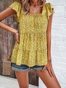 Elegant Floral Print Ruffle Hem Square Neckline Blouse - Yellow - View 4