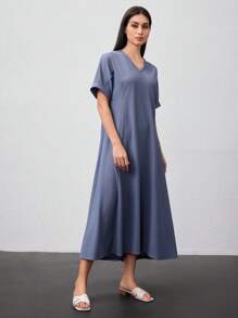 Seusyu Ladies' Solid Color Batwing Sleeve Dress - Dusty Blue - View 4