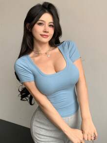 DAZY Áo thun nữ tay ngắn cổ vuông màu trơn, áo croptop nữ, áo nữ đi chơi. - Màu xanh nhạt - Xem 3