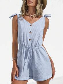 SHEIN VCAY Kỳ nghỉ Của phụ nữ Sọc dọc Romper - Xanh và trắng - Xem 4