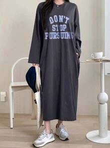 DAZY 女士长袖宽松字母印花长裙，秋装 - 深灰色 - 查看 1