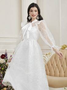 Modelyn 女士閃亮通孔打結領阿拉伯連衣裙,有內裏 - 白色 - 查看 3