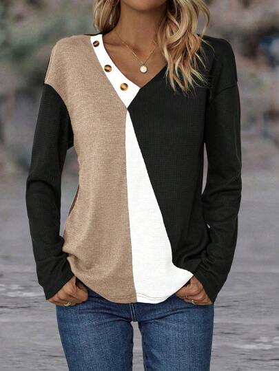 EMERY ROSE Colorblock Button Detail Drop Shoulder Tee Graphic Tees Women Tops