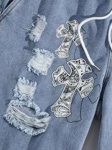 ROMWE MEN Street Life 適合春夏日常穿梭的男士十字印花牛仔短褲 - 淺色水洗藍 - 查看 4