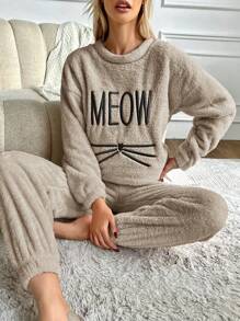 RueChic Letter Embroidery Drop Shoulder Flannel PJ Set - Apricot - View 6