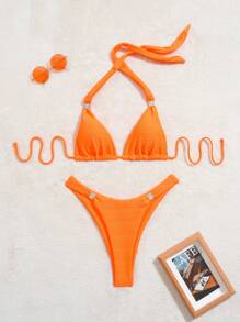 SHEIN Swim Solid Textured Halter Bikini Set, Summer Beach Bathing Suit - Orange - View 8