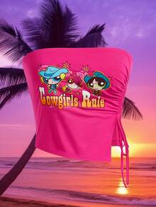 THE POWERPUFF GIRLS X SHEIN Hình ảnh hoạt hình và chữ cái Dây rút Xù Ống ngọn - Màu Hồng Tươi - Xem 9