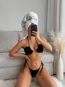 SHEIN Swim 女士纯色露背分体比基尼套装夏季海滩 - 黑色 - 查看 4