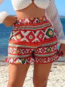 SHEIN SXY 夏季假期海灘波西米亞風格帶有鬆緊腰設計的印花短褲,底邊有褶邊裝飾