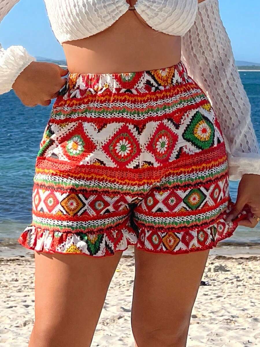 SHEIN SXY 夏季假期海灘波西米亞風格帶有鬆緊腰設計的印花短褲,底邊有褶邊裝飾