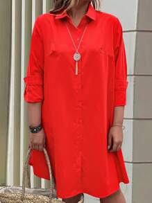 EMERY ROSE Plus Đầm sơ mi cài nút phía trước cho trang phục năm mới - Đỏ - Xem 4